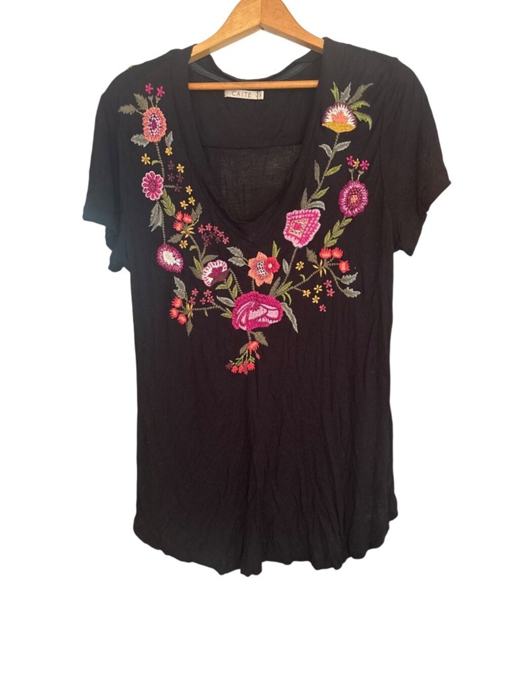 Womens Caite Top Embroidered Floral Black Boho Tunic Top Large V Neck Stretch